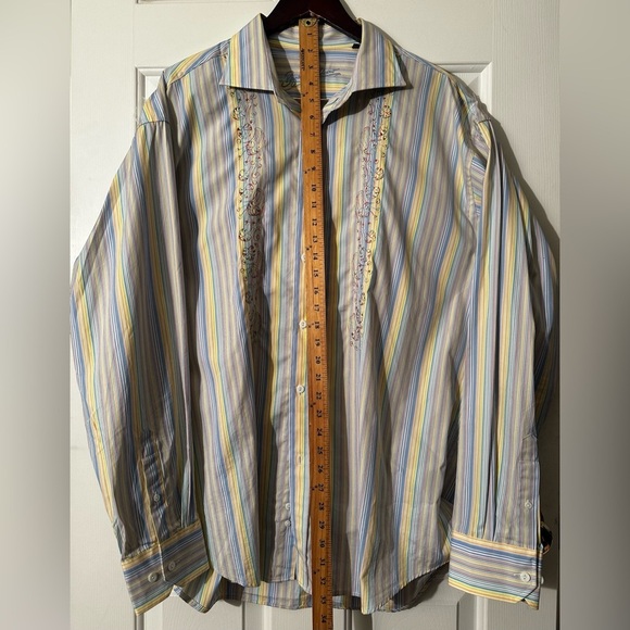 BUGATCHI UOMO XL Pastel Stripe Decorative Vertical Embroidery Spread Collar NICE - Picture 10 of 15